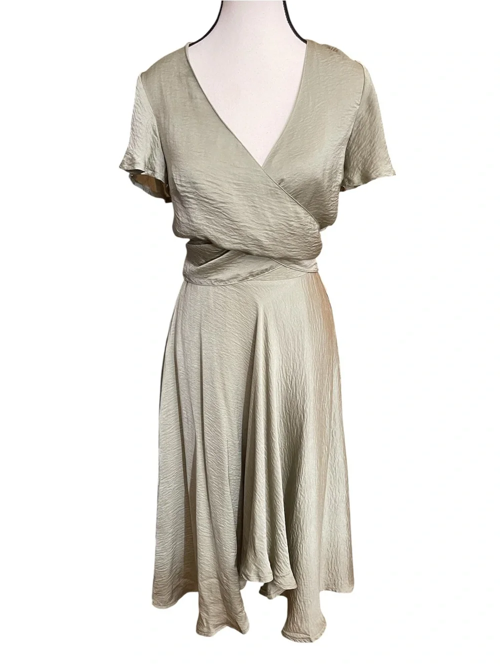 Satin‎ Wrap Midi Dress in Sage Green